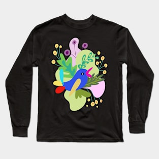 Abstract bird and tropical flowers Long Sleeve T-Shirt